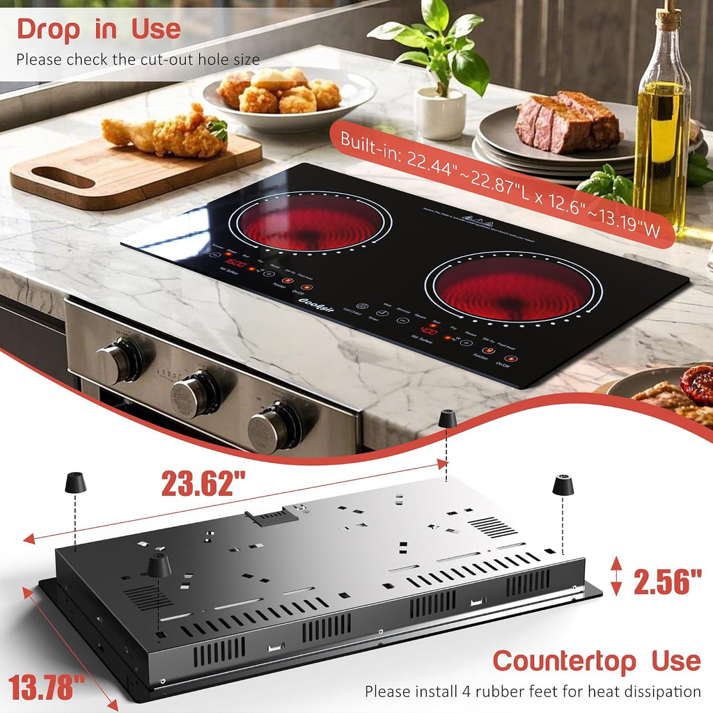 2 Burner Electric Cooktop - 24 Inch(23.6'x 13.8') Built-in & Countertop Electric Stove Top, 120V Double Burner Ceramic Cooktop Portable with Safety Lock, Timer, Touch Control, 110V Plug in