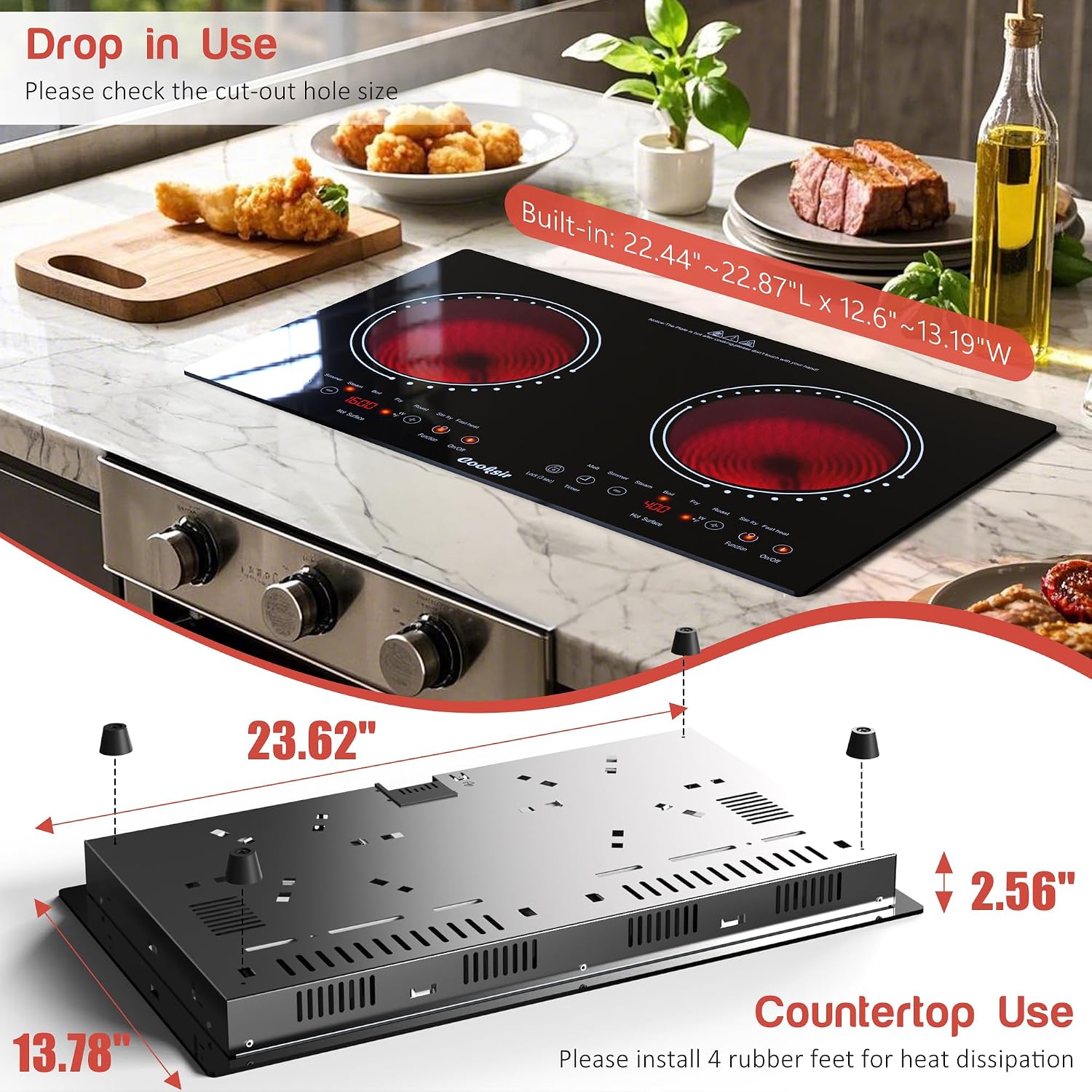2 Burner Electric Cooktop - 24 Inch(23.6'x 13.8') Built-in & Countertop Electric Stove Top, 120V Double Burner Ceramic Cooktop Portable with Safety Lock, Timer, Touch Control, 110V Plug in
