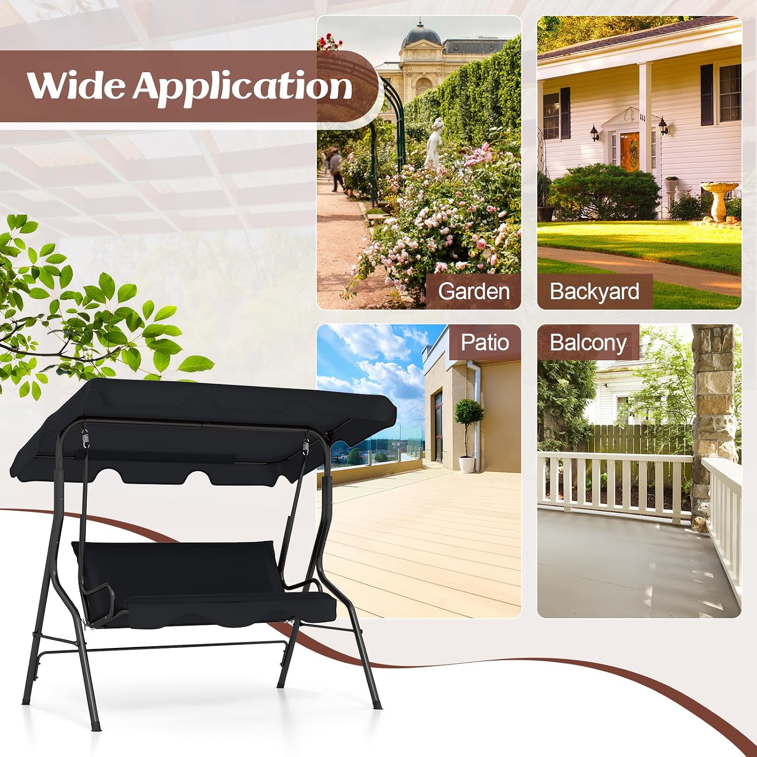 Tangkula 3 Person Porch Swing, Patio Swing with Removable Cushion & Powder-Coated Steel Frame, Outdoor Swing with Canopy for Porch, Backyard, Garden, Balcony (Black)