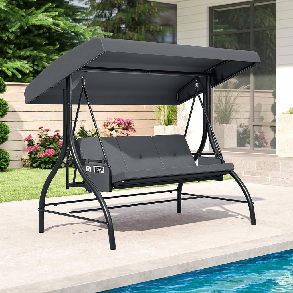 Tangkula 3 Person Porch Swing, 2-in-1 Convertible Outdoor Swing with Adjustable Canopy, Removable Cushions, Metal Frame, Side Pockets for Backyard, Garden, Porch (Gray)