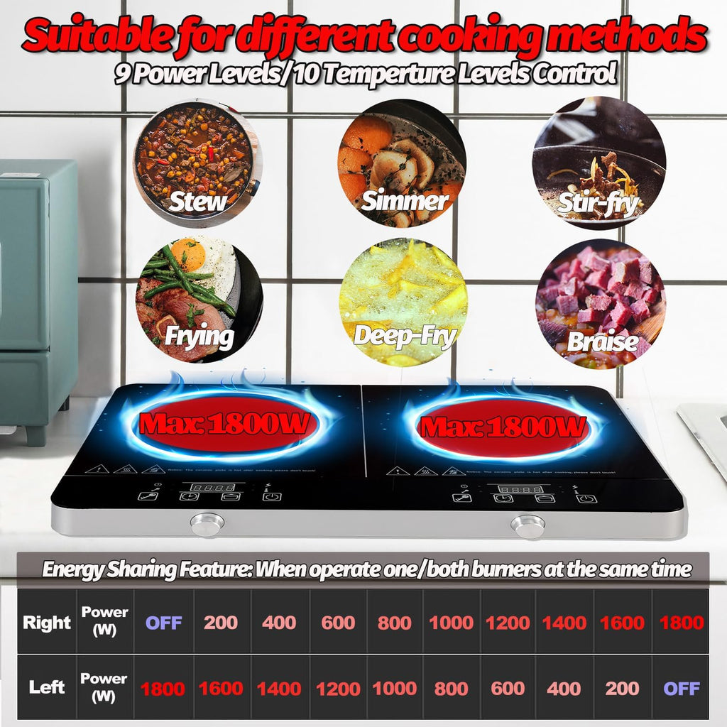 Portable Double Induction Cooktop, 1800W 2-Burner Electric Cooktop, Countertop Stove Top, Hot Plate, Induction Burner with Timer, 10 Temp Levels, Child Lock, 110V-120V Plug, Black