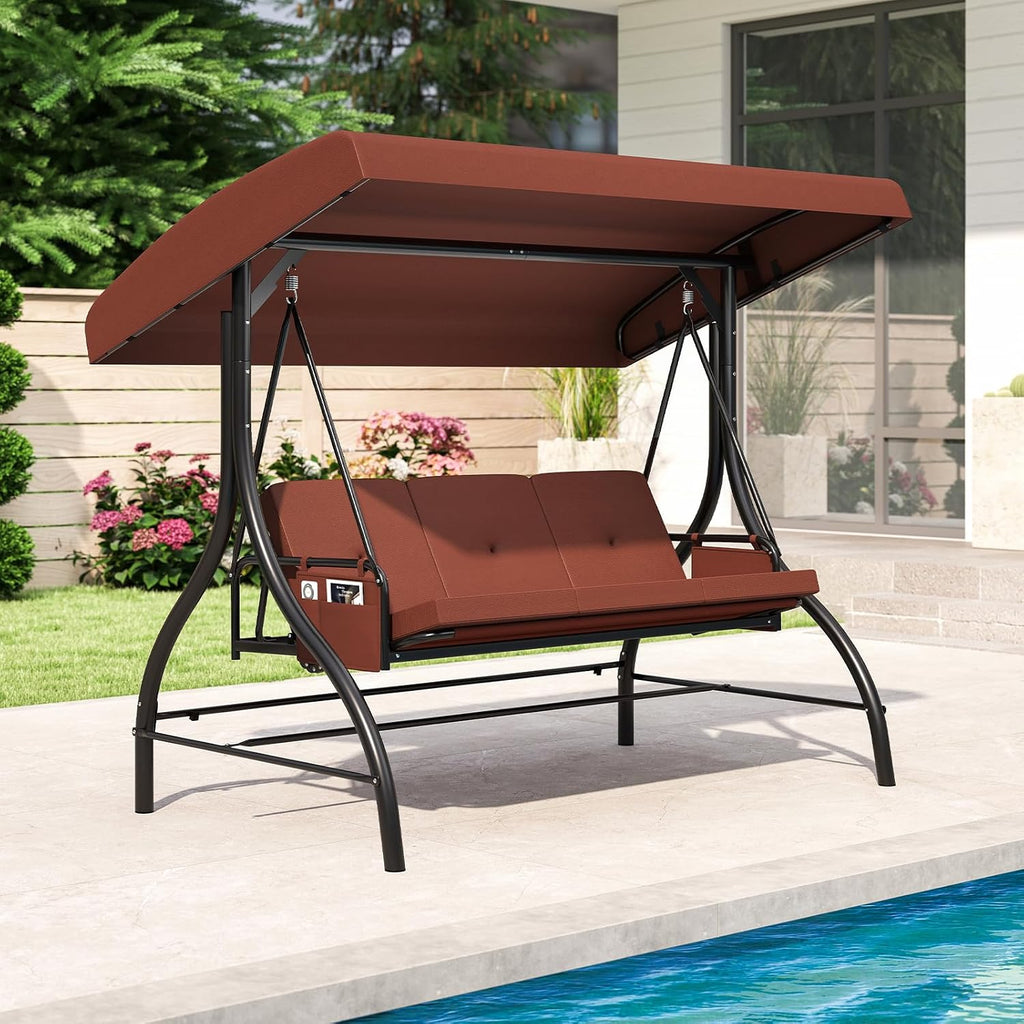 Tangkula 3 Person Porch Swing, 2-in-1 Convertible Outdoor Swing with Adjustable Canopy, Removable Cushions, Metal Frame, Side Pockets for Backyard, Garden, Porch (Brown)