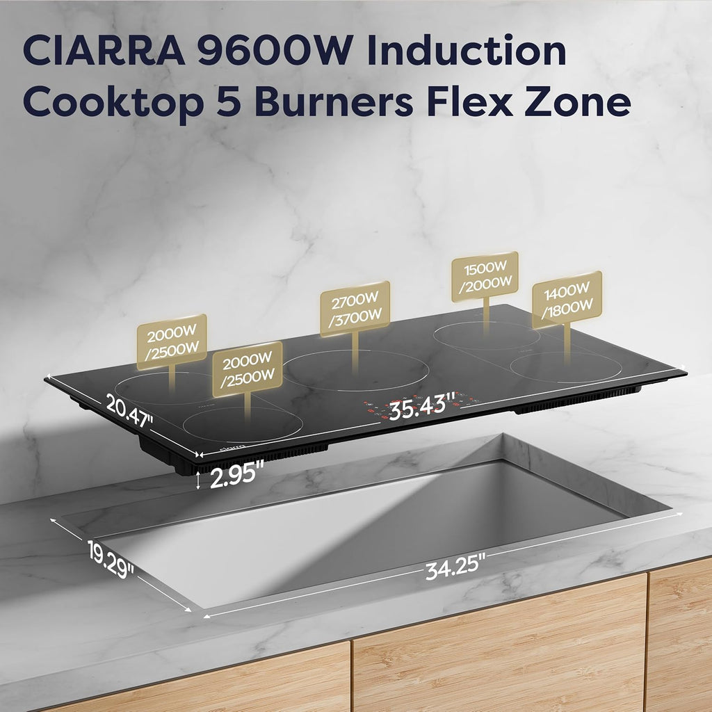 CIARRA 36 inch Induction Cooktop 5 Burners, 9600W Built-in Induction Stovetop with Double Flexi Zone, Booster, Timer & Safety Lock