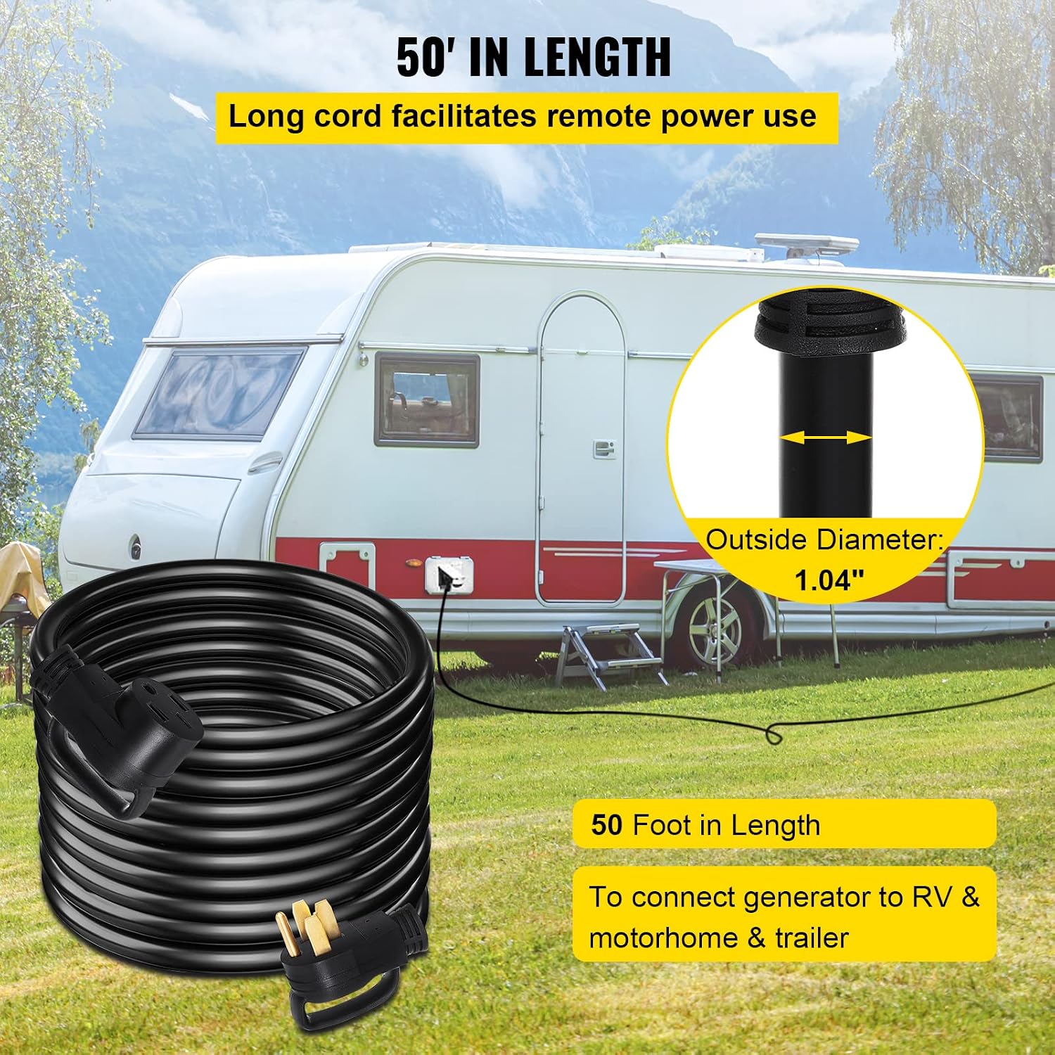 VEVOR 50FT 50Amp RV Extension Cord NEMA N14-50P to N14-50R, 125 / 250V Heavy Duty STW 6/3+ 8/1 RV Power Cord, for EV Charging and RV Trailer Campers