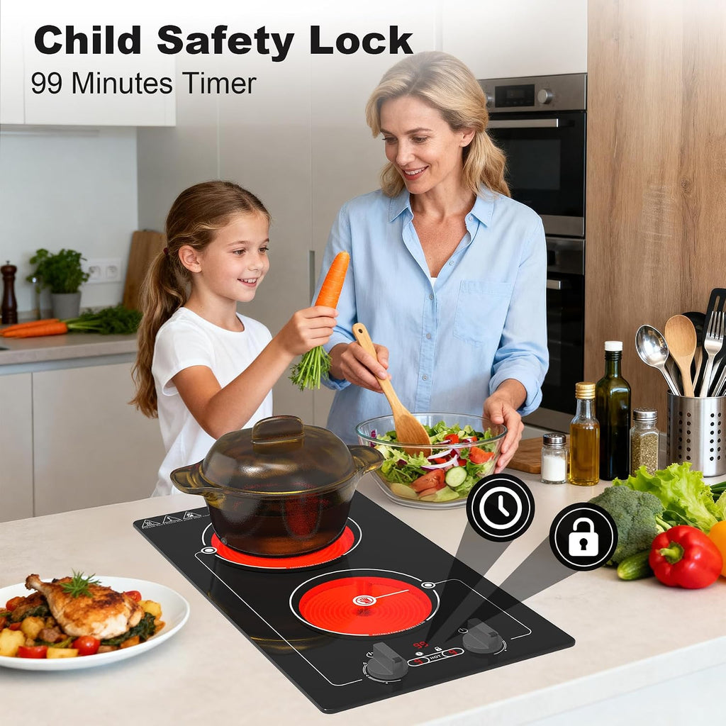 VBGK electric hob,Built-in Design and Countertop Stove Top with Knob Control&Touch Control,9 Power Level, Timer & Kid Safety Lock,220V 2100W 2 burner electric hob