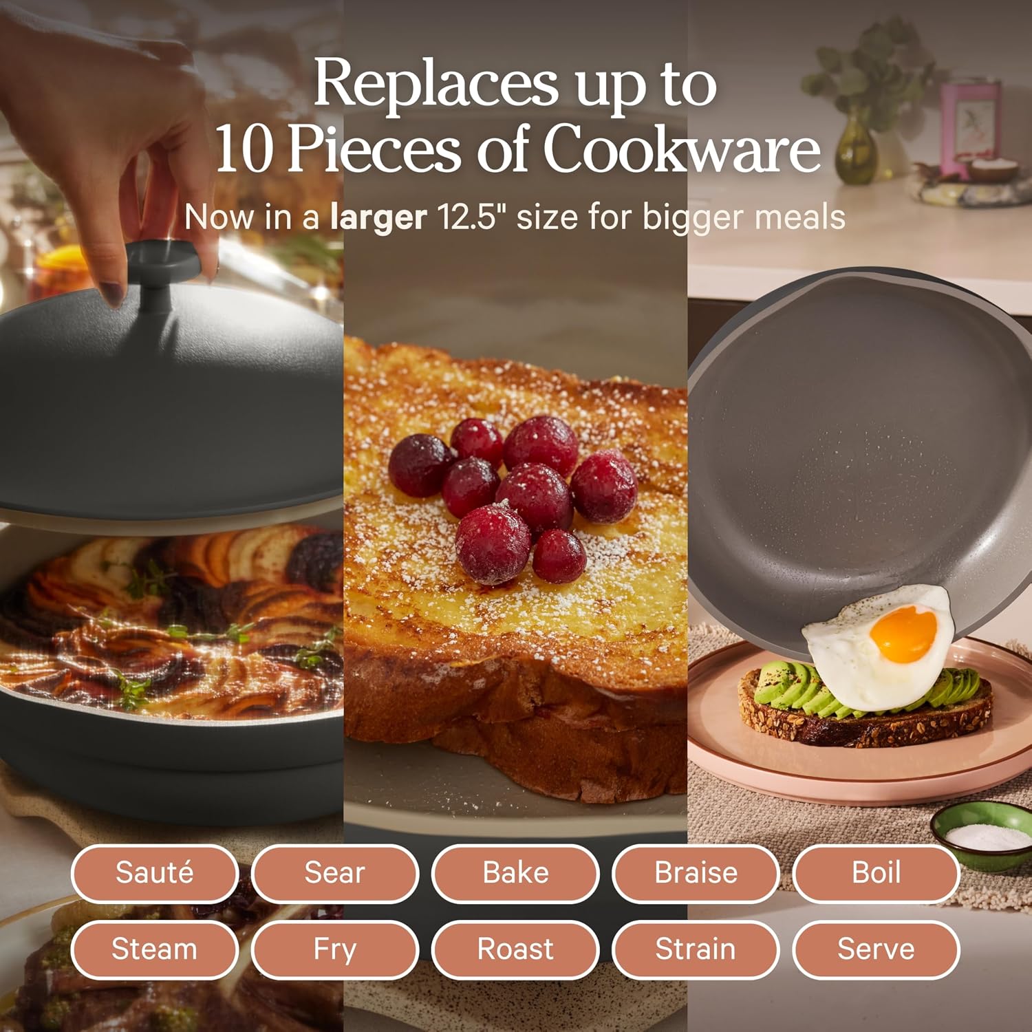 Our Place Large Always Pan | 12.5' Ceramic Pan with Modular Lid & Beechwood Spatula | Patented 10-in-1 Nonstick, Non-Toxic Cookware Made Without PFAS | Induction & Oven-Safe up to 450°F | Char