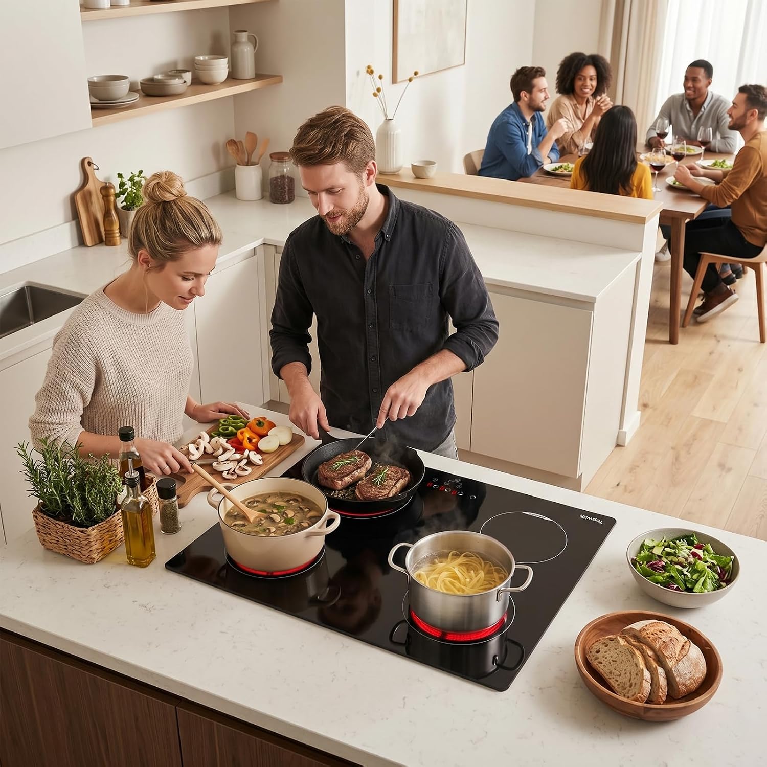 TOPWISH 24 Inch Electric Cooktop, 4 Burners Built-in Electric Stove Top Hot Plate, 6000W Drop-in Ceramic Cooktop Kitchen Stoves with Touch Control, Safety Lock, Timer, 220-240v (Hard Wired No Plug)