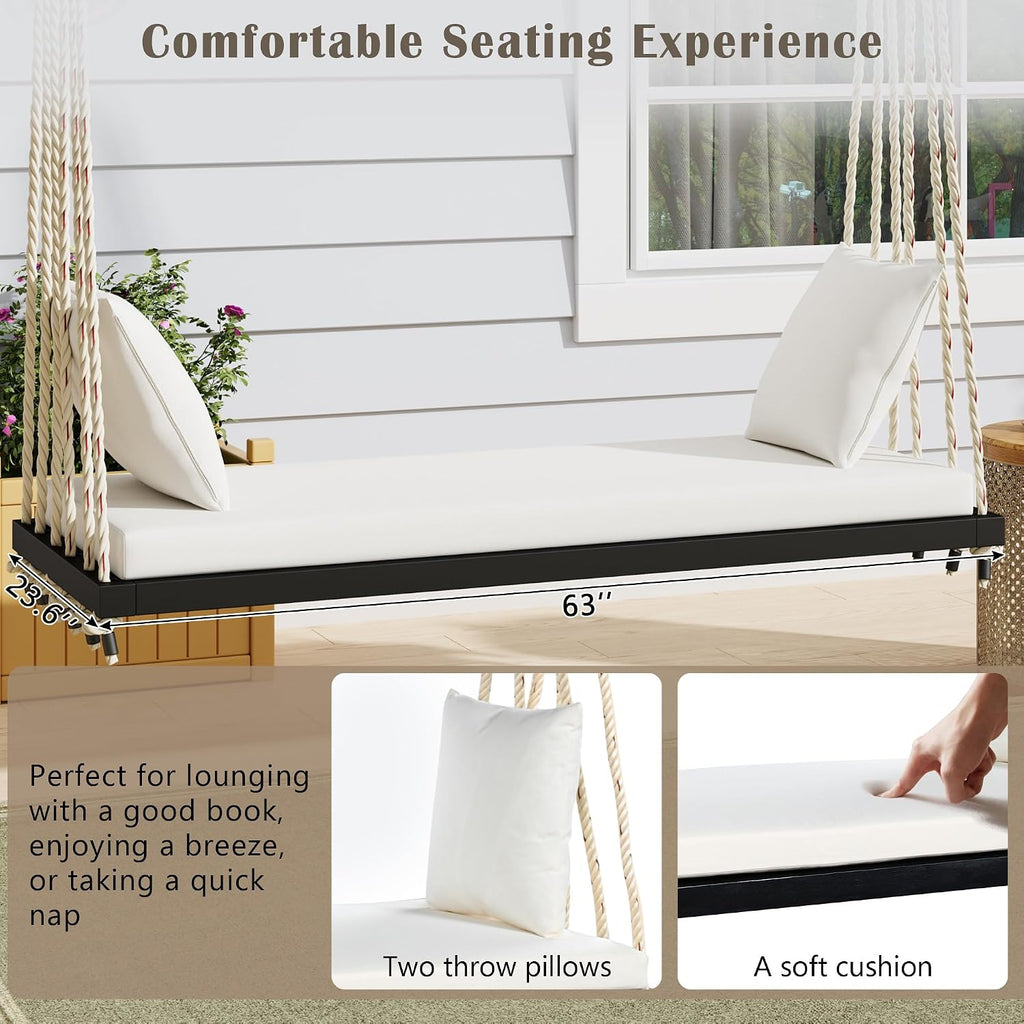 YOPTO Acacia Wood Porch Swing Bench with Cushion & Pillows, 63' Outdoor Hanging Bench for 2 Adults, Rustic Heavy Duty 10.8ft Ropes Swing Daybed for Patio Backyard Garden, White