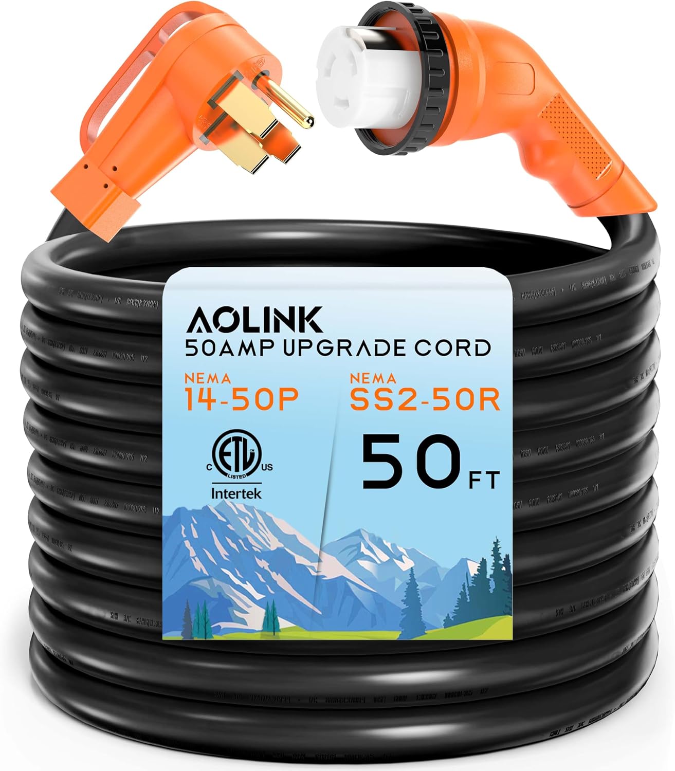 50 Amp 50 Feet RV/Generator Cord with 135° Designed Handle and Twist Locking Connector, Heavy Duty 6/3+8/1 Gauge STW Wire, 14-50P Male and SS2-50R Female for RV Camper and Generator to House