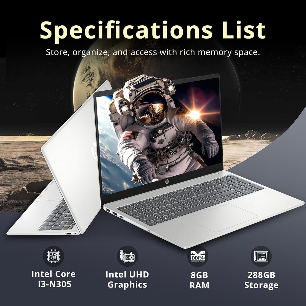 HP 15.6' HD Business Laptop, Intel i3-N305, 8GB DDR4, 288GB Storage(128GB UFS+160GB Docking Station Set), Intel UHD Graphics, Numeric Keypad, 720p HD Camera, Wi-Fi 6, Windows 11, Silver