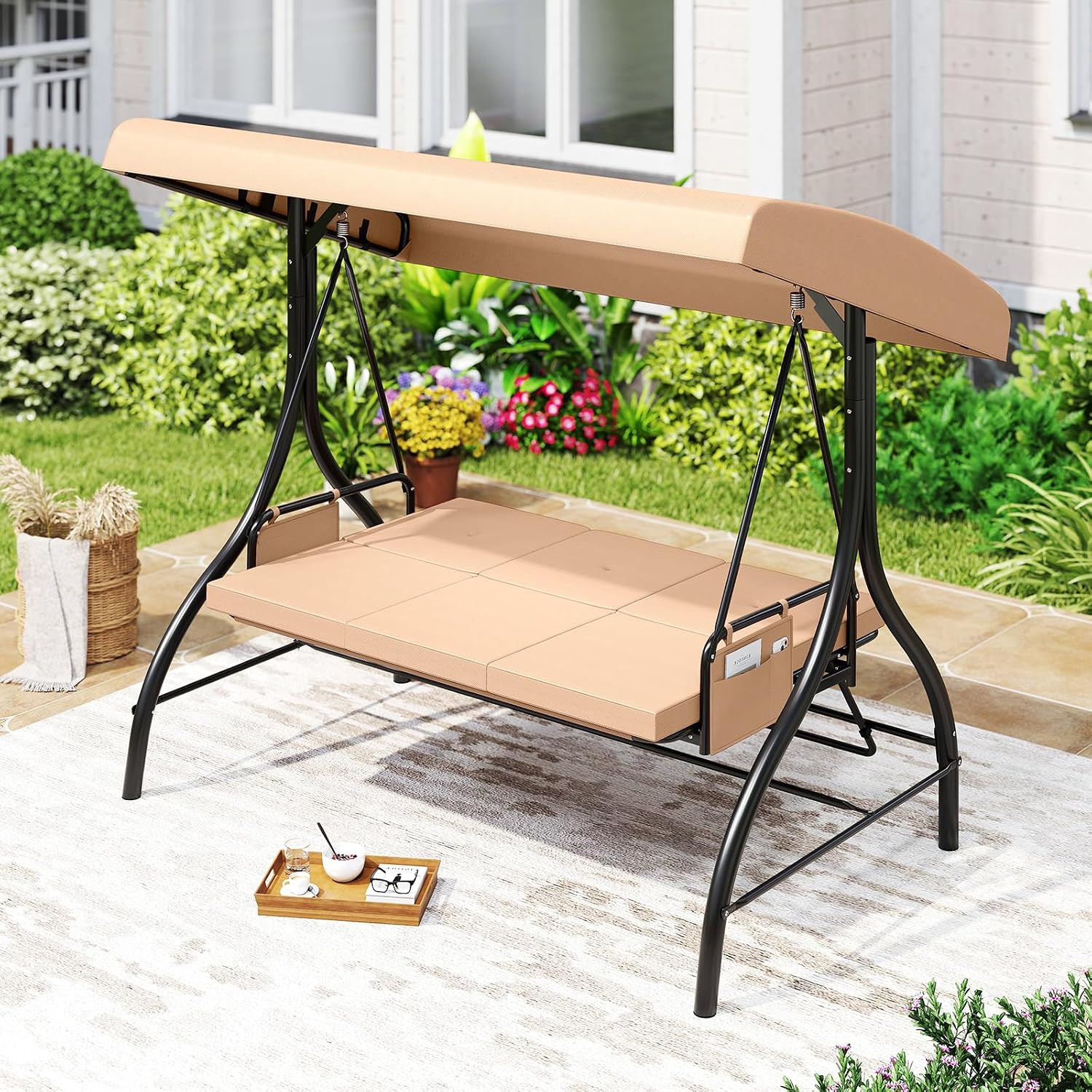 Tangkula 3 Person Porch Swing, 2-in-1 Convertible Outdoor Swing with Adjustable Canopy, Removable Cushions, Metal Frame, Side Pockets for Backyard, Garden, Porch (Beige)