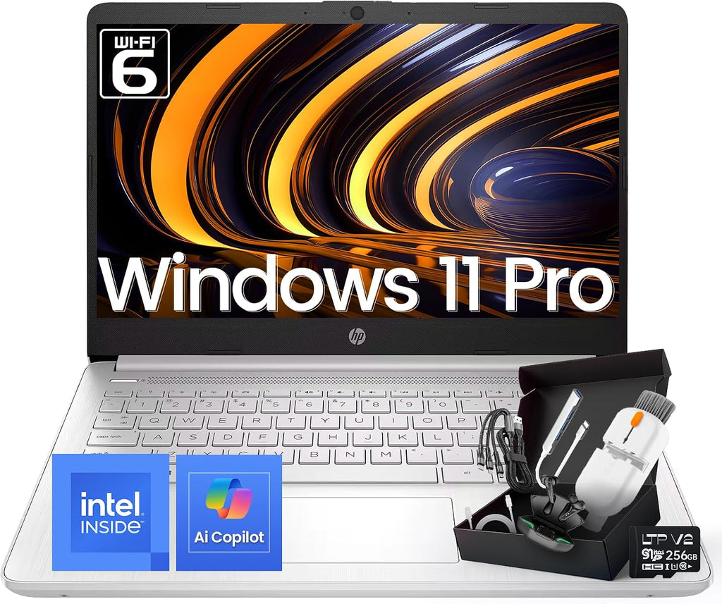 HP 2025 14 Inch Ultra Light Laptop, Sleek Natural Silver, Intel Processor N150, 16GB RAM, 384GB Storage(128GB UFS+256GB MSD), Wi-Fi 6, Windows 11 Pro, Copilot Key, w/Accessories
