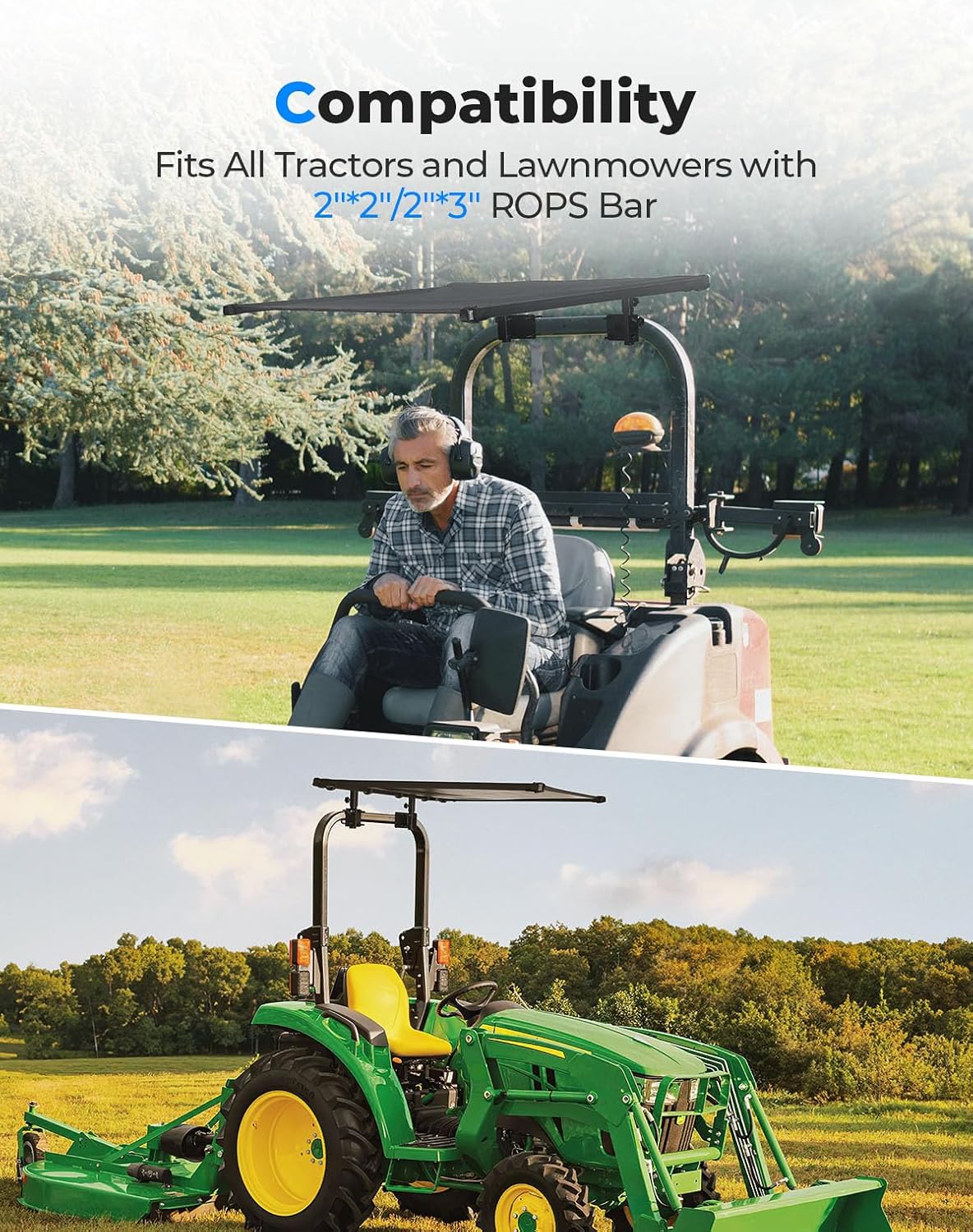 KEMIMOTO Tractor Canopy for ROPS, Tractor Sun Shade for Lawn Mower with 2' x 2' or 2' x 3' ROPS, Compatible with Kubota, John Deere, Cub Cadet, Adjustable Angle UV Rays Protection