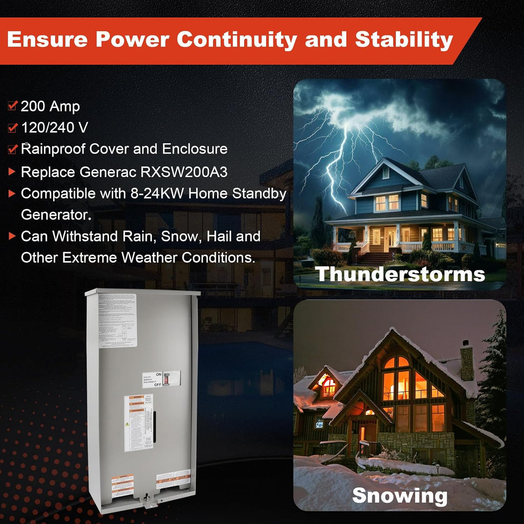 200 Amp Single Phase Generator Automatic Transfer Switch Compatible with Generac RXSW200A3,Power Management for Outdoor and Indoor Use, Service Entrance Rated, NEMA 3R Aluminum Enclosure 120/240 V