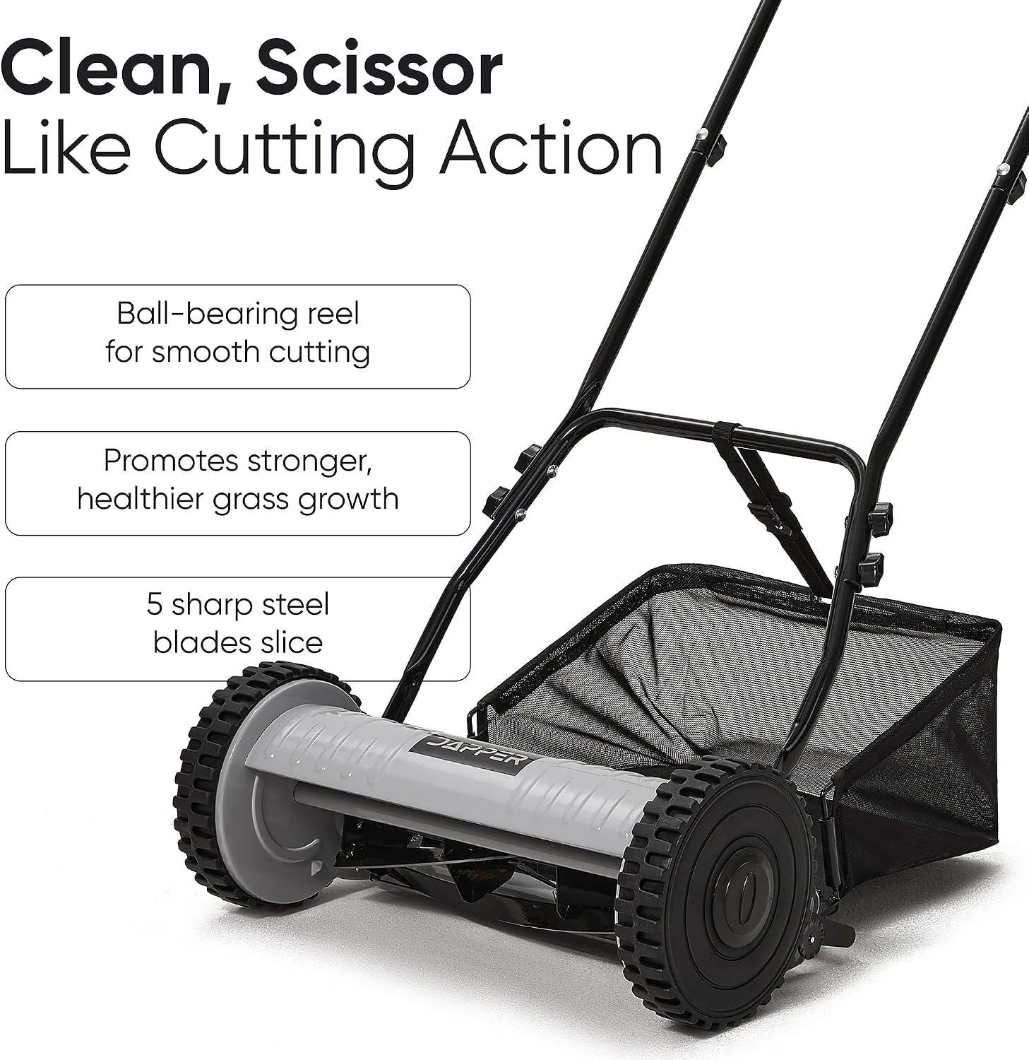 16' Push Reel Lawn Mower with Grass Catcher – Manual 5-Blade Hand Mower, Adjustable 3-Position Cutting Height (0.5'–1.75'), Lightweight & Eco-Friendly – 1-Year Warranty