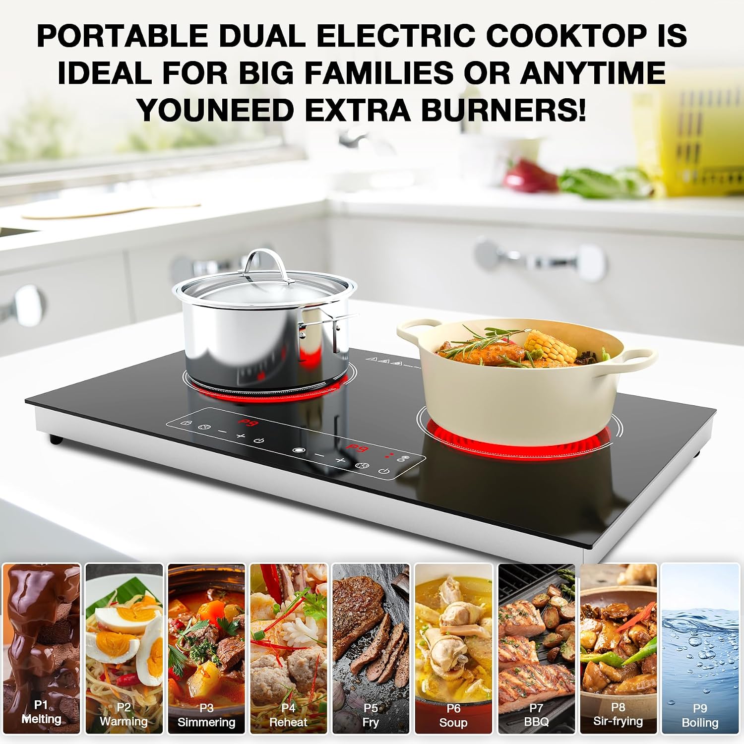 Electric Cooktop,110V 2400W 2 Burner Electric Cooktop,Countertop and Built-in Stove top with 9 Power Levels,Child Safety Lock, Timer, LED touch control,Overheat Protection