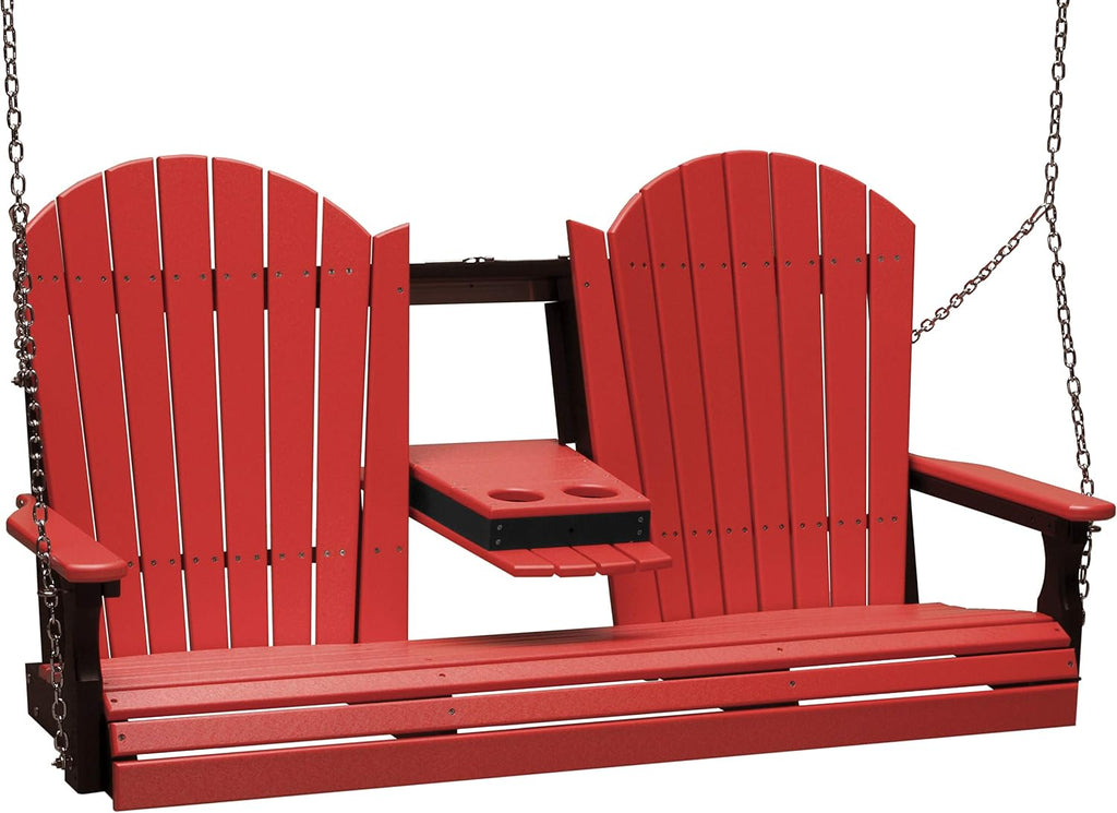 LuxCraft 5' Adirondack Hanging Porch Swing with Flip Down Console, Outdoor Patio Swing, Front Porch Swing, Outdoor Swing Bench (Red & Black)
