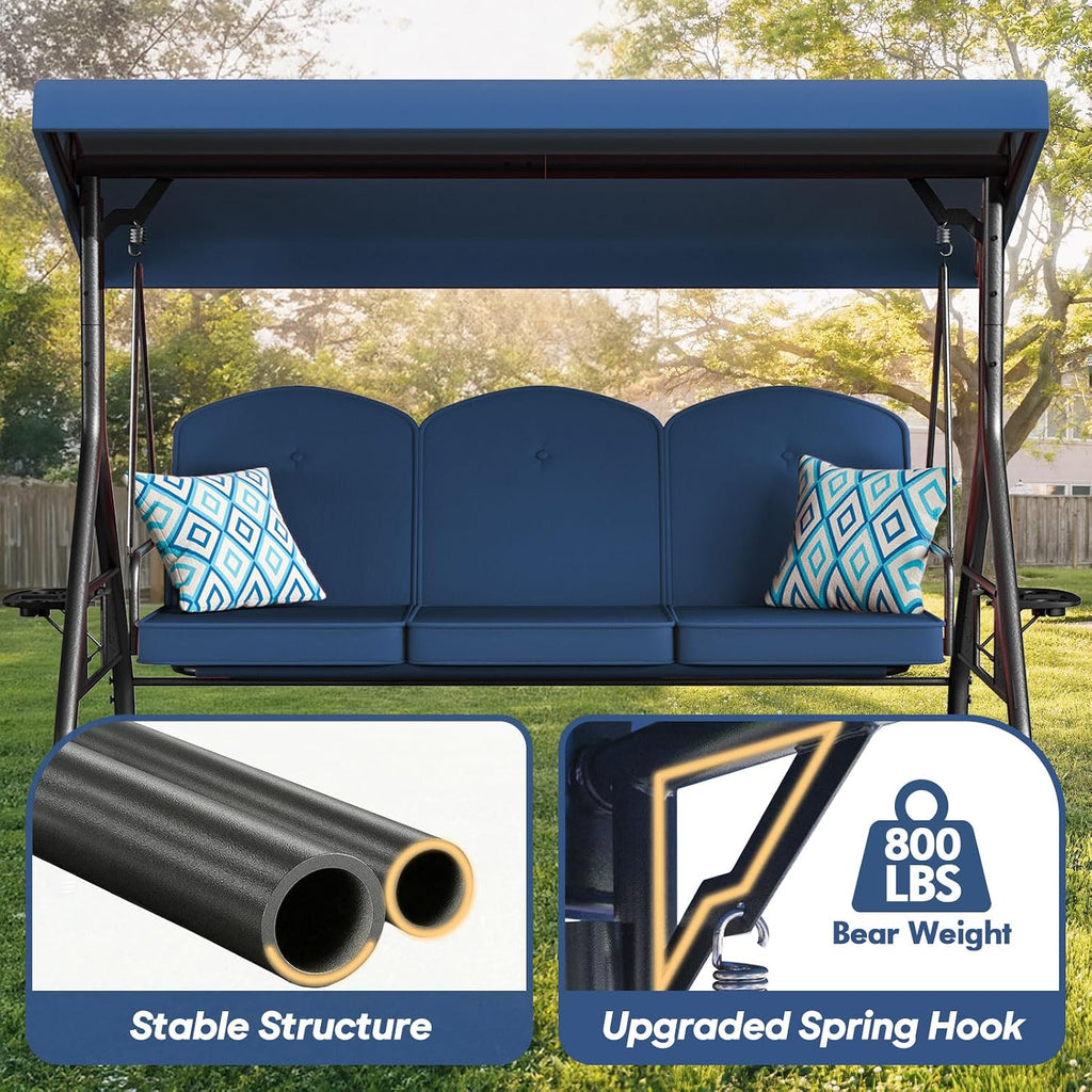 ZZW 3 Seat Outdoor Porch Patio Swing with Stand 800lbs 2-in-1 Convertible Swing Bed with Adjustable Canopy & Removable Cushion for Yard Garden Deck (Blue, Round Tube)