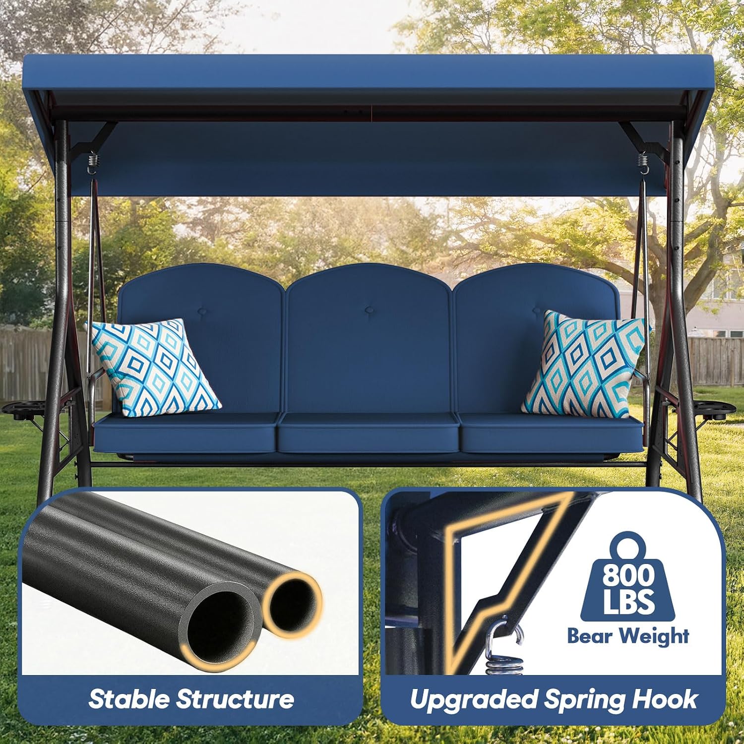 ZZW 3 Seat Outdoor Porch Patio Swing with Stand 800lbs 2-in-1 Convertible Swing Bed with Adjustable Canopy & Removable Cushion for Yard Garden Deck (Blue, Round Tube)