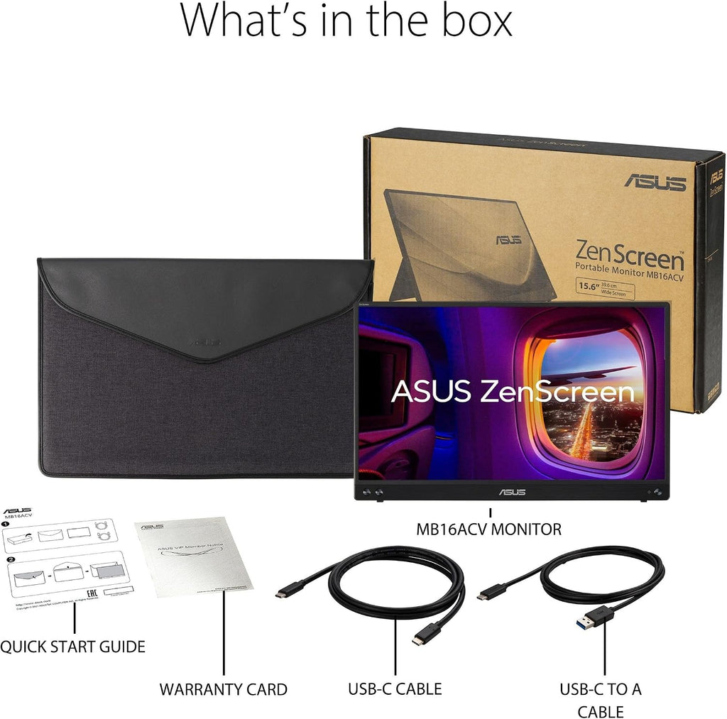 ASUS ZenScreen 15.6' 1080P Portable Monitor (MB16ACVR) - Full HD, IPS, Eye Care, Flicker Free, Blue Light Filter, Kickstand, USB-C Power Delivery, for Laptop, PC, Phone, Console
