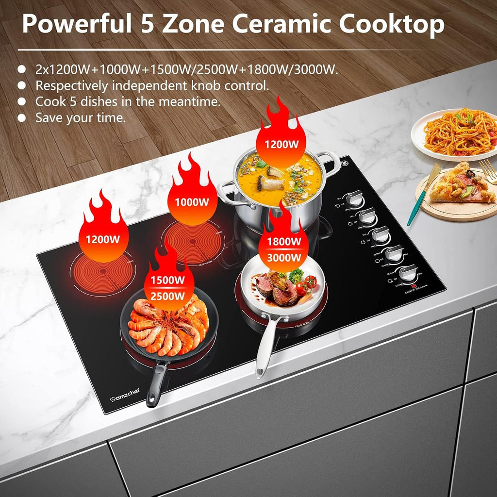 AMZCHEF Electric Cooktop 36 Inch,5 Burners Built-in Electric Stove Top,Max 8900W Ceramic Glass Countertop with Knob Control Max 3000W Double Zone,Safety Lock
