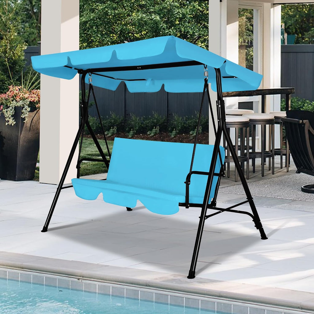 GARTOO 3-Seat Patio Swing Chair, Outdoor Porch Swing with Adjustable Canopy and Durable Steel Frame for Patio, Garden, Poolside(Turquoise)