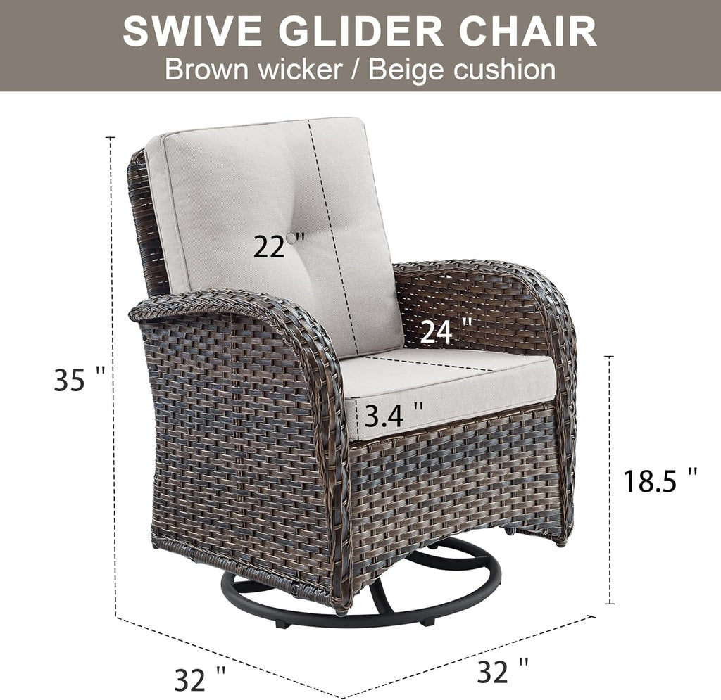 2 in 1 Porch Glider Swivel Chair - Wicker Patio Furniture Outdoor Swivel Rocker Chair with Thick Cushions, 300 Lb Weight Capacity Patio Swivel Glider Seating - Brown Wicker, Beige Cushions