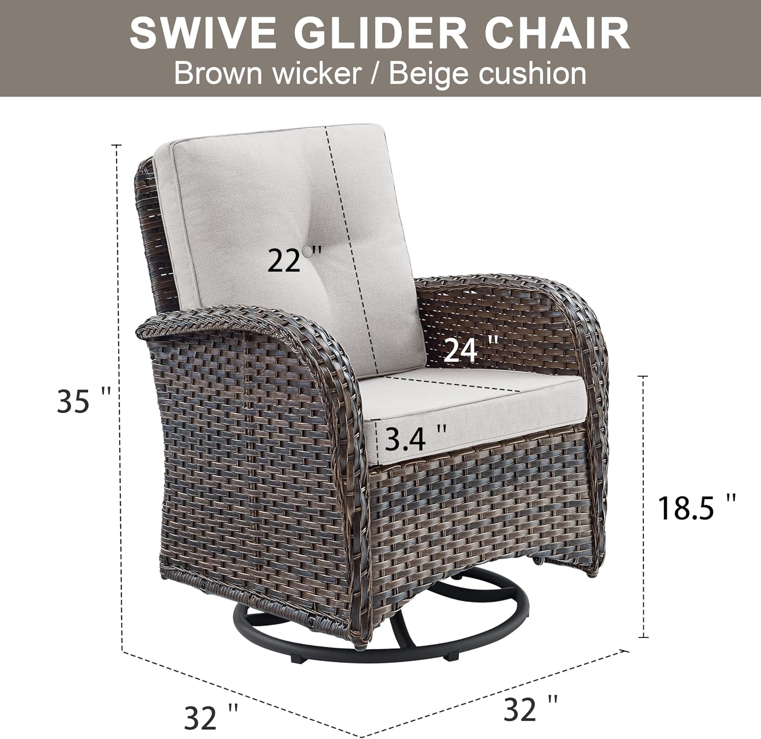 2 in 1 Porch Glider Swivel Chair - Wicker Patio Furniture Outdoor Swivel Rocker Chair with Thick Cushions, 300 Lb Weight Capacity Patio Swivel Glider Seating - Brown Wicker, Beige Cushions