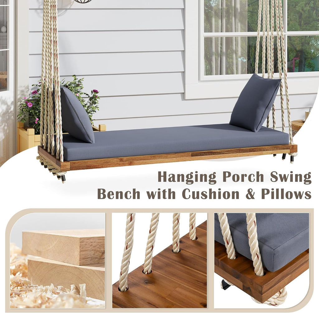 YOPTO Acacia Wood Porch Swing Bench with Cushion & Pillows, 63' Outdoor Hanging Bench for 2 Adults, Rustic Heavy Duty 10.8ft Ropes Swing Daybed for Patio Backyard Garden, White