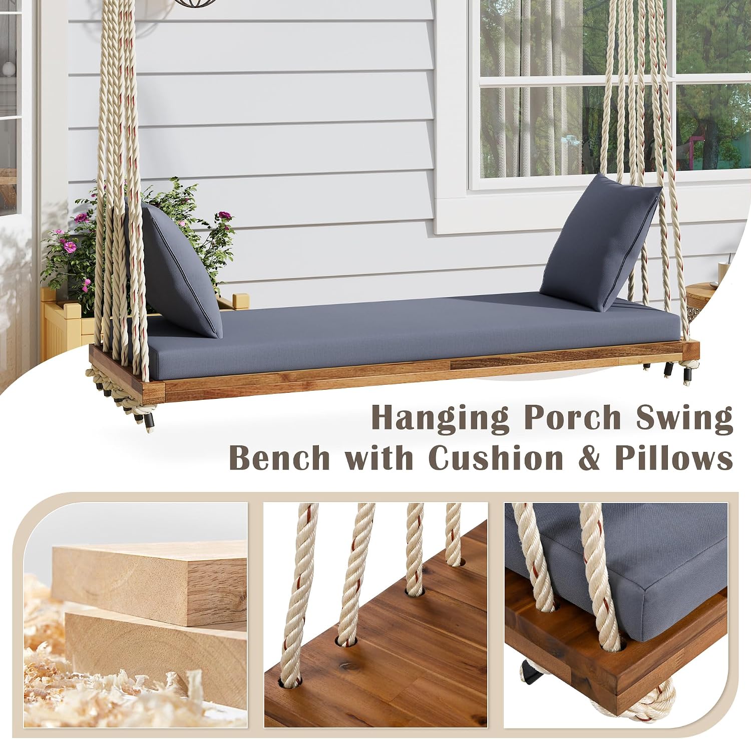 YOPTO Acacia Wood Porch Swing Bench with Cushion & Pillows, 63' Outdoor Hanging Bench for 2 Adults, Rustic Heavy Duty 10.8ft Ropes Swing Daybed for Patio Backyard Garden, White