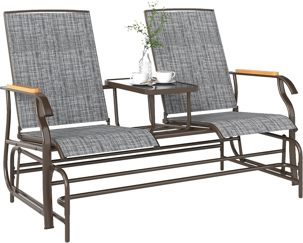 Outsunny 2 Person Outdoor Glider Bench, Patio Swing Glider Chair Loveseat with Breathable Mesh, Table, Steel Frame for Garden, Backyard, Porch, Gray