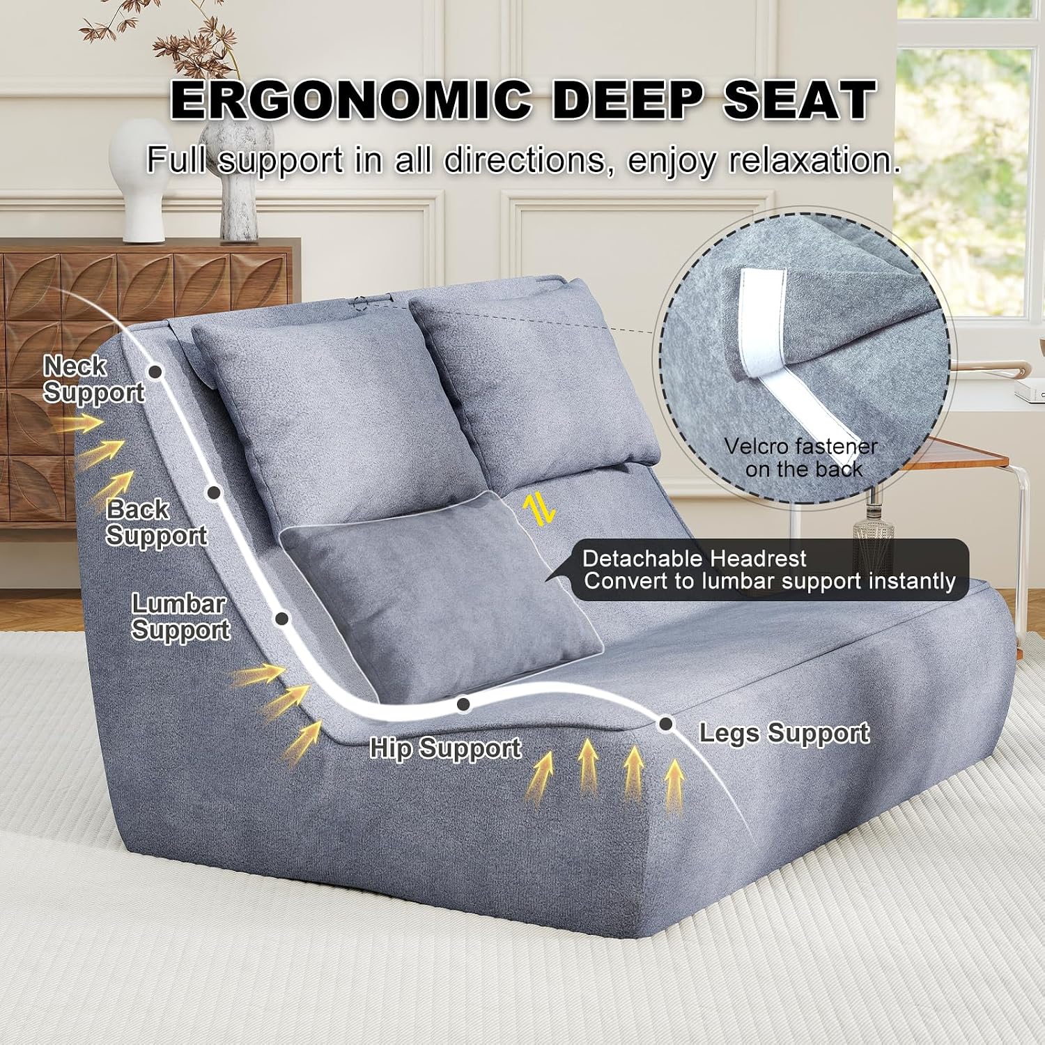 Giant Bean Bag Chair for Adults - Indoor Chaise Lounge with Pillows & Ottomans, All-in-One Sponge Design, Upholstered Loveseat Floor Sofa Chair for Reading, Gaming, Napping, and Movies (SlateGray)