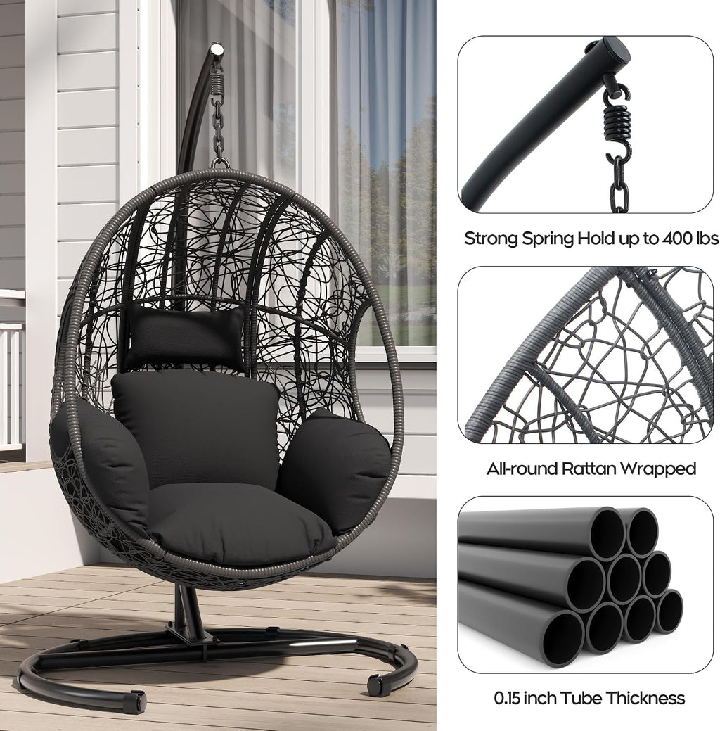 KEIKI Hanging Egg Chair with Stand Outdoor, 400LBS Capacity Patio Swing Chair with Cushion, Weatherproof PE Rattan Hammock Chair for Bedroom Balcony Garden, Waterproof Cover Included, Grey
