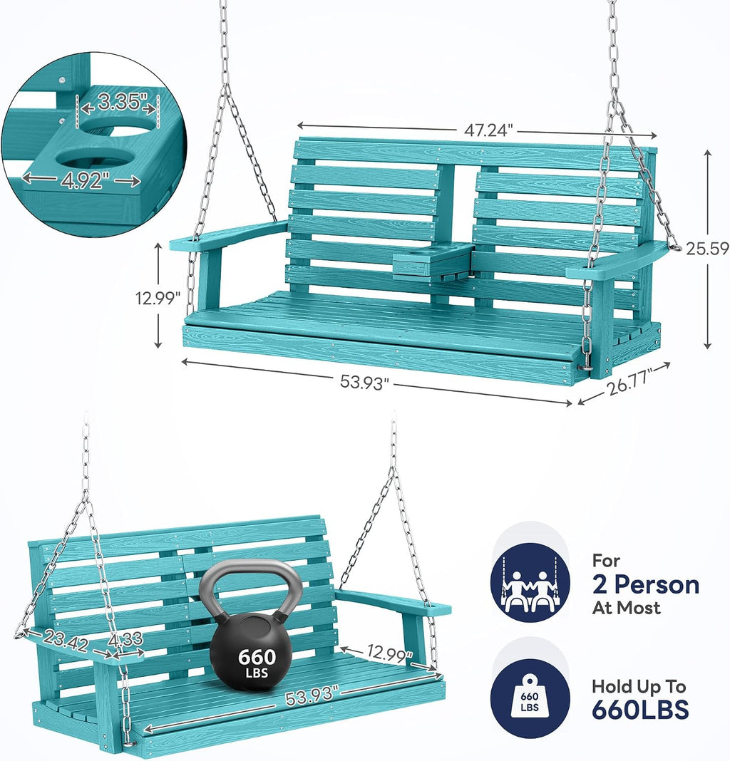 KINGYES Outdoor Hanging Porch Swing, 2 Seat Patio Swing Chair with Cup Holders, Waterproof Swing Chair Bench for Courtyard & Garden, 660LBS Weight Capacity, Aruba Blue