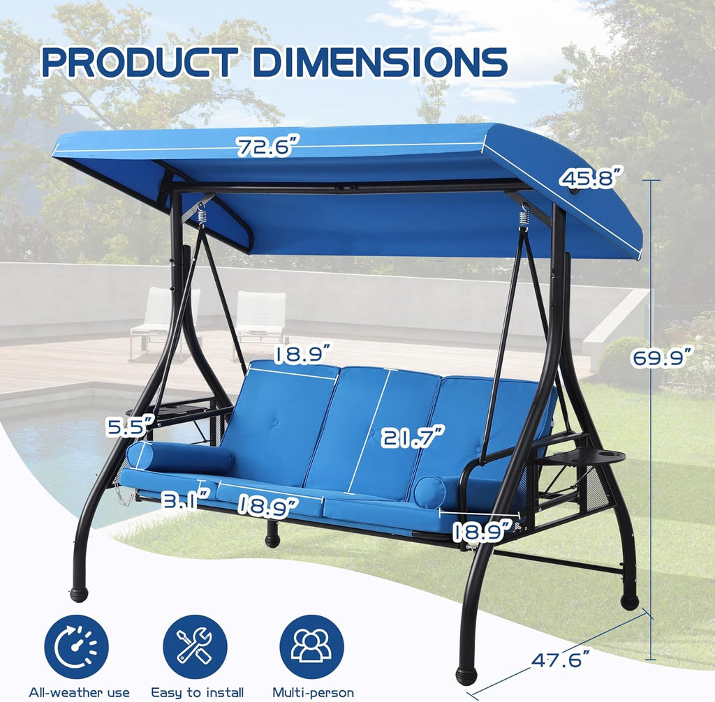 3 Seat Outdoor Porch Swings with Adjustable Canopy - Patio Porch Swing Glider Bench with Stand, Heavy Duty Swing Bed W/Cushions Pillows and Cup Holder for Backyard Garden Lawn Poolside (Blue)
