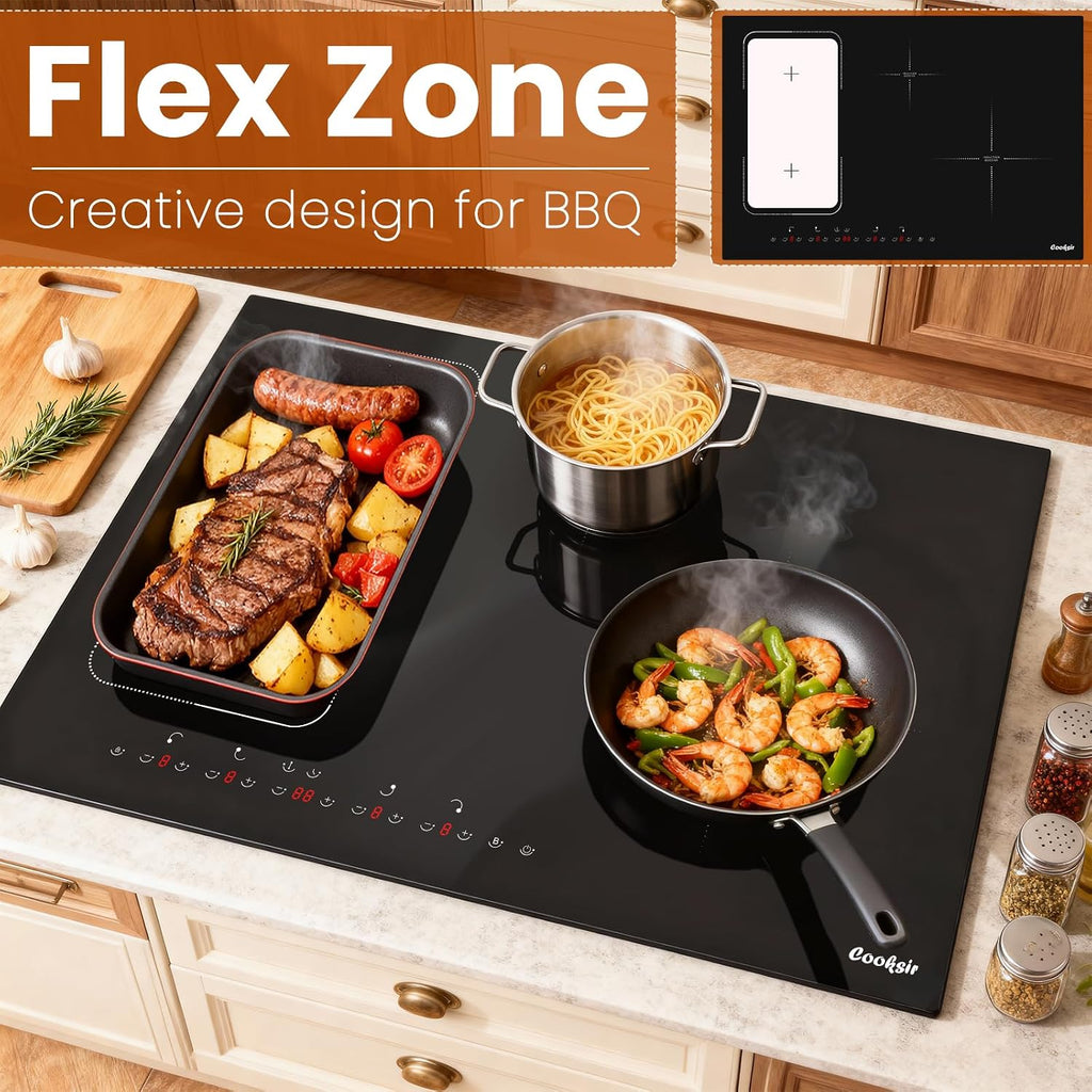 Induction Cooktop 30 Inch with Iron Pot, 4 Burner Built-in Stove 7200W, 30' Induction Stovetop Slide Touch with Flex Zone, Boost, Timer, Lock, Pause, 220V Hard Wired (No Plug)