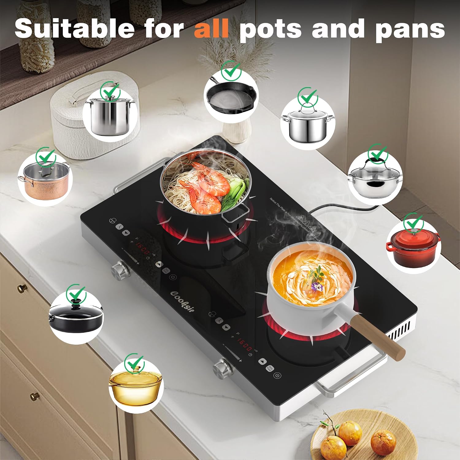 2 Burner Electric Cooktop - 24 Inch(22.2'x 13.1') Portable Electric Stove Top 110V, 2000W Countertop Two Burner Stove, Child Lock, Timer, Touch and Knob Control, 110V Plug in