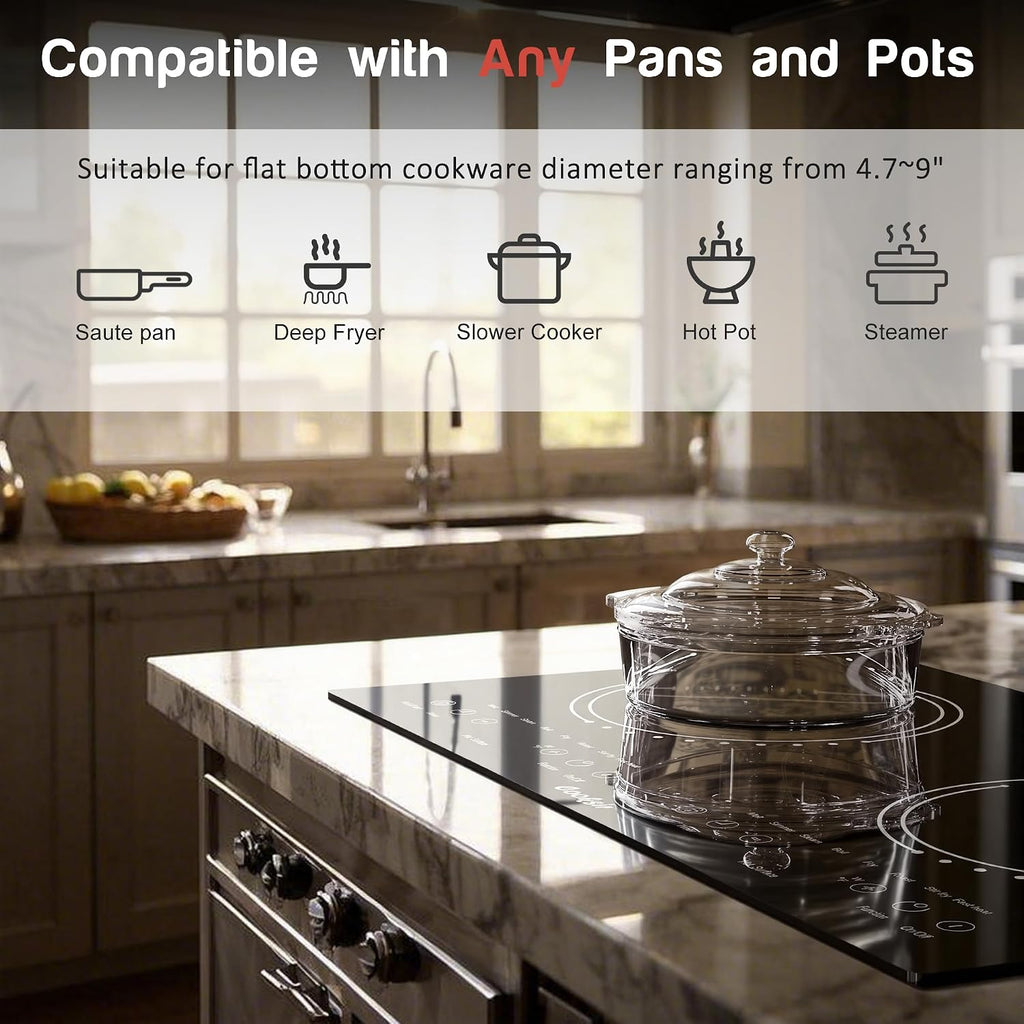 2 Burner Electric Cooktop - 24 Inch(23.6'x 13.8') Built-in & Countertop Electric Stove Top, 120V Double Burner Ceramic Cooktop Portable with Safety Lock, Timer, Touch Control, 110V Plug in
