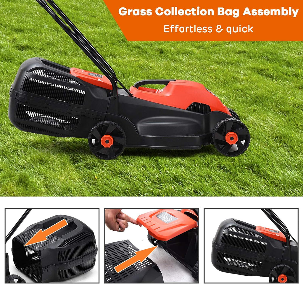 Happygrill Lawn Mower 13-Inch Electric Lawn Mower, Handle Push Corded Lawn Mowers with Grass Bag, Folding Handle, Adjustable Cutting Height for Garden Yard, 12 Amp,Red