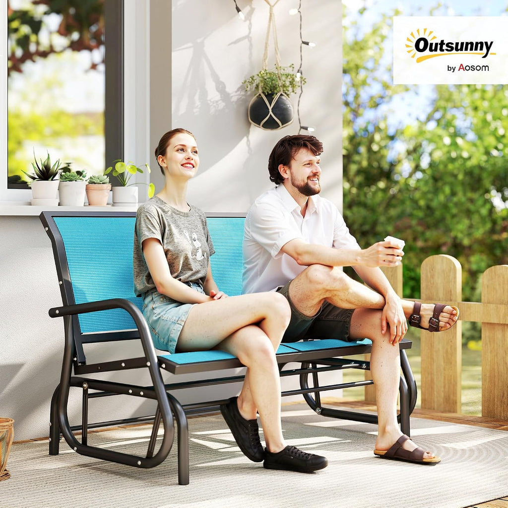Outsunny 2-Person Outdoor Glider Bench, Patio Double Swing Rocking Chair Loveseat w/Powder Coated Steel Frame for Backyard Garden Porch, Blue