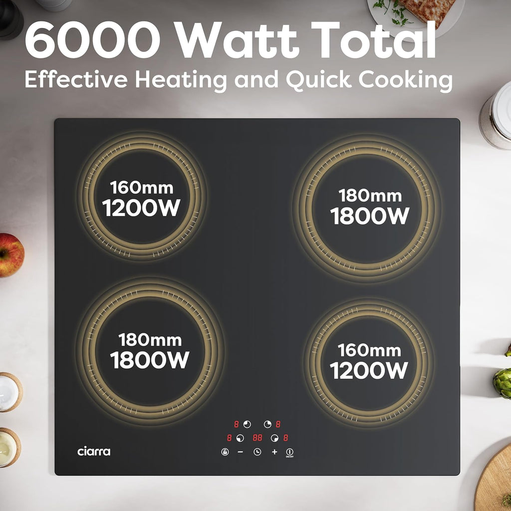 CDV 6000W Built-in Induction Cooktop 4 Burners, 24 Inch Electric Cooktop Touch Control Ceramic Glass Plate 9 Power Levels Fast Heating Safety Child Lock