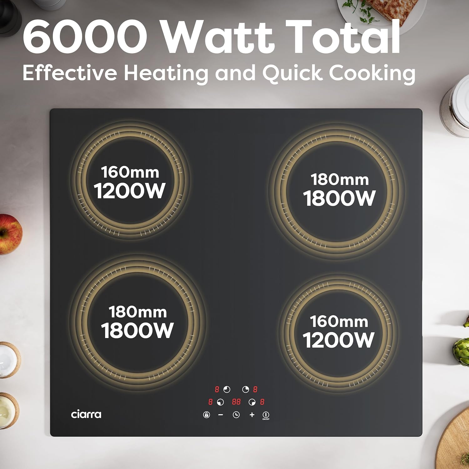 CDV 6000W Built-in Induction Cooktop 4 Burners, 24 Inch Electric Cooktop Touch Control Ceramic Glass Plate 9 Power Levels Fast Heating Safety Child Lock