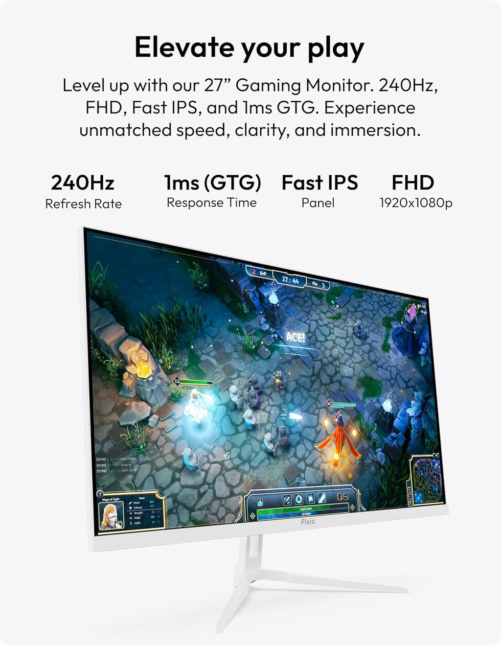 Pixio PX279 Wave White 27 inch 240Hz Refresh Rate FHD 1080p Resolution Fast IPS Panel 1ms GTG Response Time Gaming Monitor with Adaptive Sync