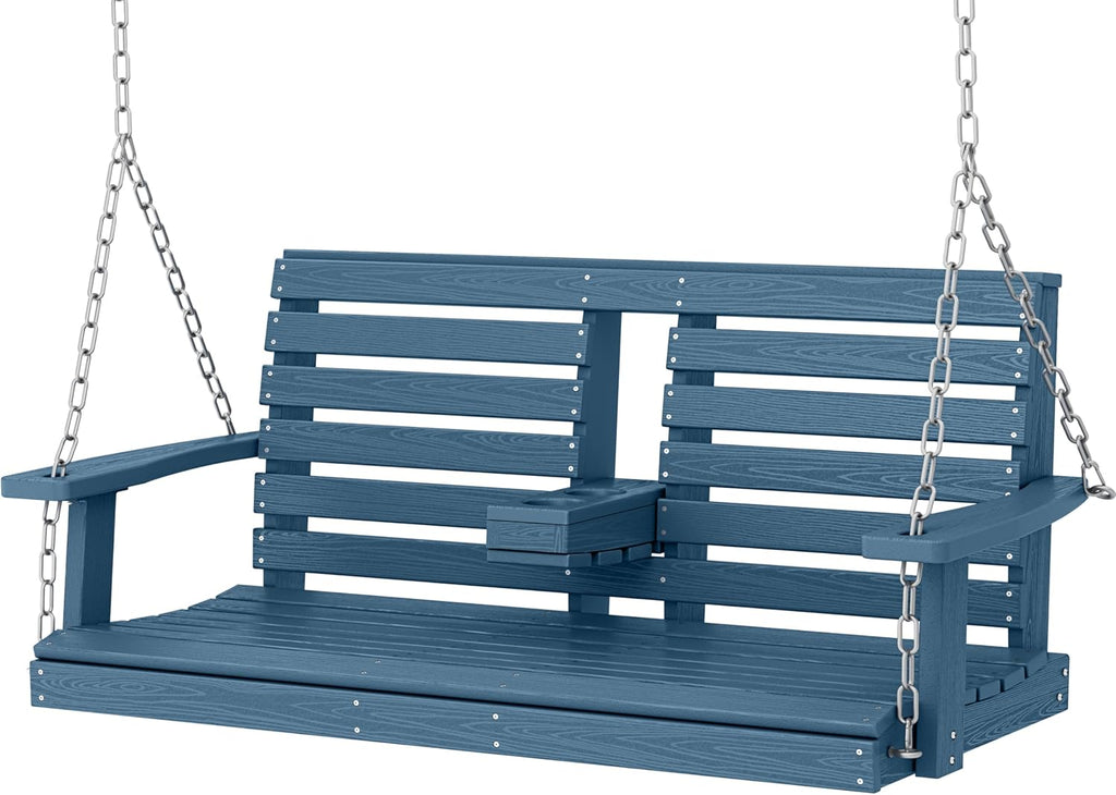 KINGYES Outdoor Hanging Porch Swing, 2 Seat Patio Swing Chair with Cup Holders, Waterproof Swing Chair Bench for Courtyard & Garden, 660LBS Weight Capacity, Blue