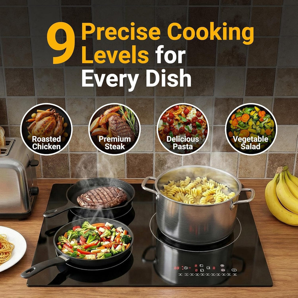 K&H 3 Burner Induction Cooktop - 24 Inch Built-In Electric Cermic Stove Top - 9 Heating Levels, 240V, 6000W High-Power Built-in Electric Stove Top - Child Lock, Timer & Touch Control - IN24-6803TB