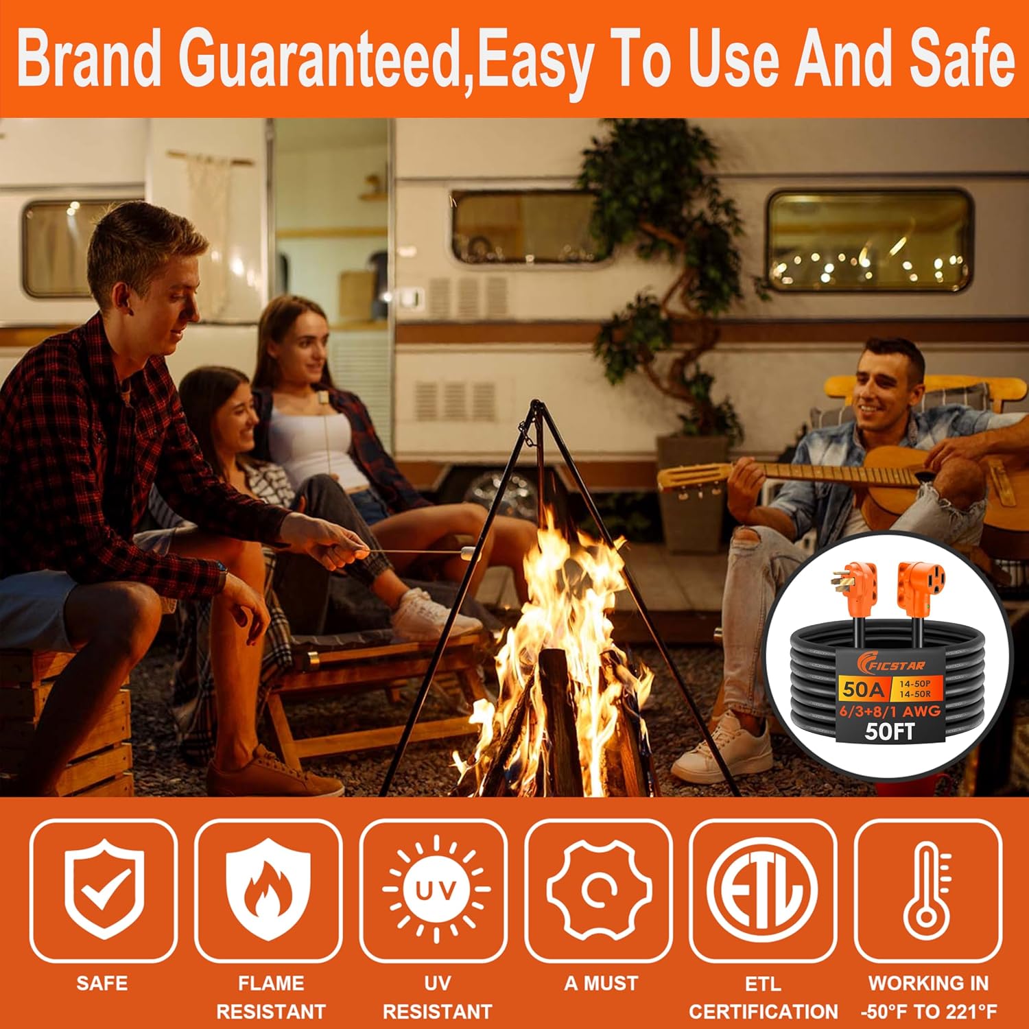 50FT 50 Amp RV Extension Cord Outdoor with Grip Handle,125/250V,12500W, 4 Prong, Heavy Duty 6/3+8/1 Gauge STW,NEMA 14-50P to 14-50R with LED Power Indicator & Polarity Lamp, UL&ETL Listed