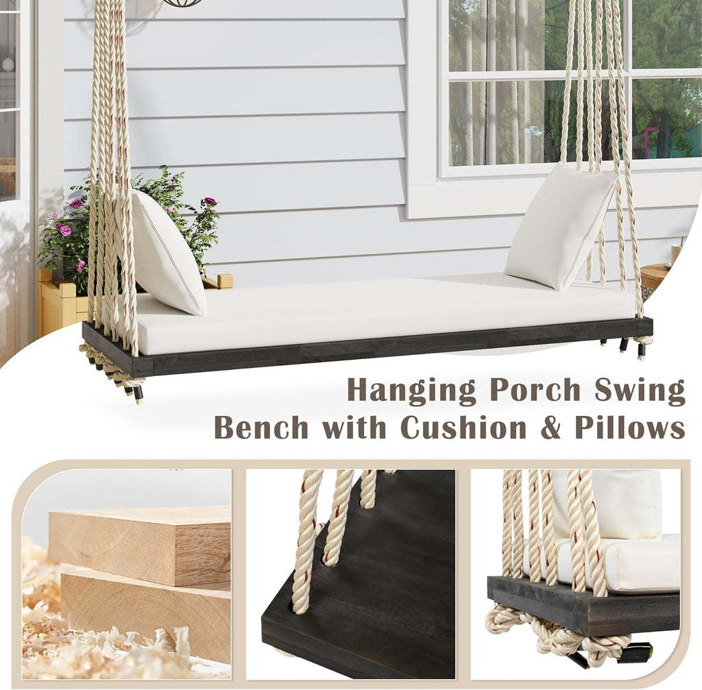 YOPTO Acacia Wood Porch Swing Bench with Cushion & Pillows, 63' Outdoor Hanging Bench for 2 Adults, Rustic Heavy Duty 10.8ft Ropes Swing Daybed for Patio Backyard Garden, White