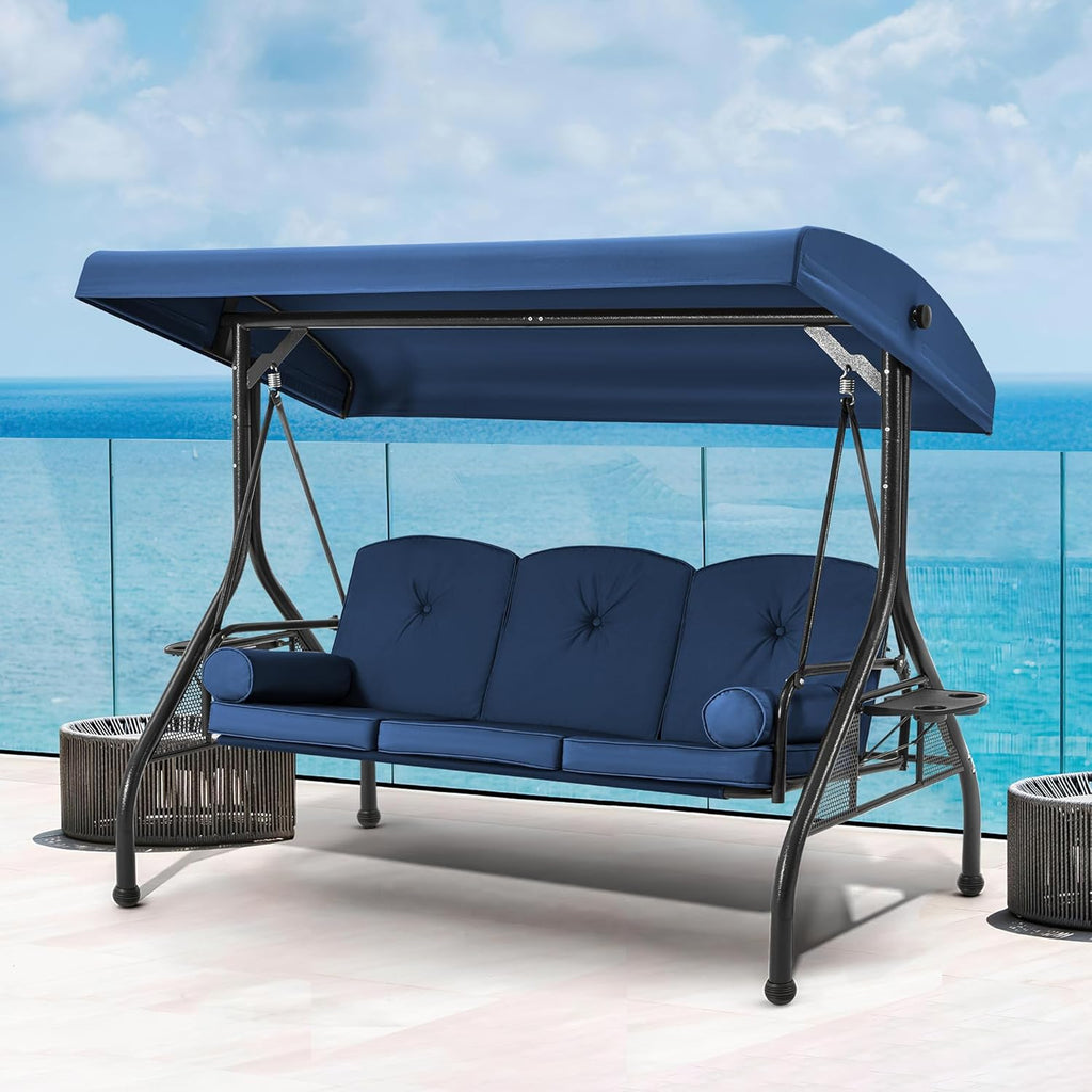 HOMREST 3 Seat Outdoor Porch Swing with Adjustable Canopy, Convertible Patio Swing Bed with Stand, Patio Glider Swing with Upgraded Cup Holder, Thicken Cushions ＆ Pillow for Backyard(Blue)