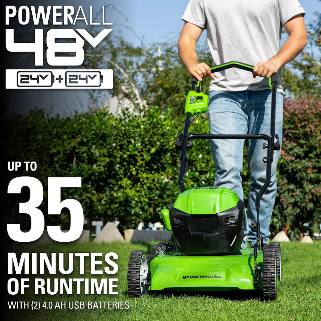 Greenworks 48V (2 x 24V) 19' Brushless Cordless (Push) Lawn Mower (125+ Compatible Tools), (2) 4.0Ah Batteries and Dual Port Rapid Charger Included