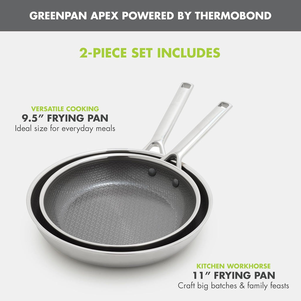 GreenPan Hybrid 9.5' & 11' Nonstick Stainless Steel Frying Pan Set, APEX Tri-Ply Thermobond PFAS-Free Ceramic Skillets, Induction & All Cooktop Compatible, Oven Temp to 850°F, Dishwasher Safe, Silver